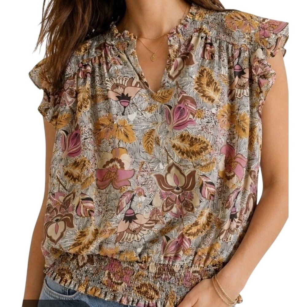 Rachel Zoe Womens Boho Floral Print Ruffle Blouse Large L